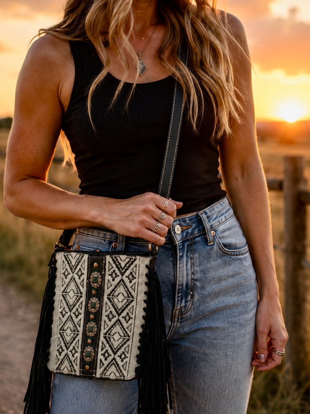 Trinity Fringe Geometric Embroidery Concealed Carry Black & Gray Crossbody Bag